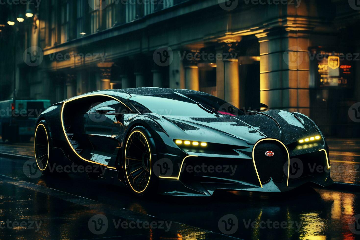 Future cars in a cyberpunk city with sparkling neon lights AI generative photo