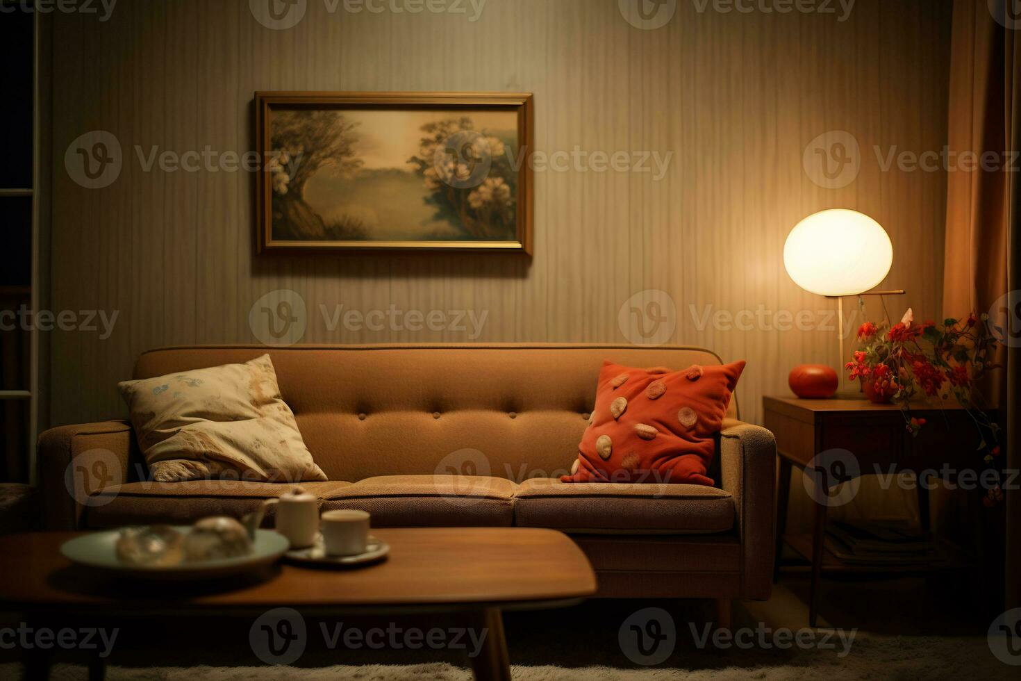 A retro inspired living room showcases a classic minimalist design AI generative photo