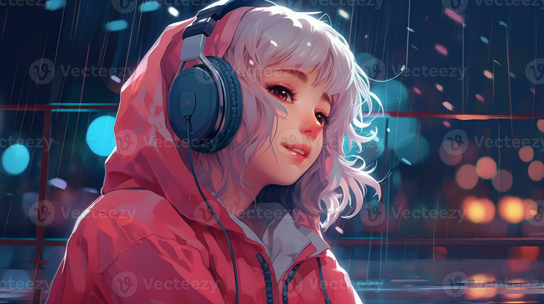 Cartoon lofi young manga style girl while listening to music in the rain AI generative photo