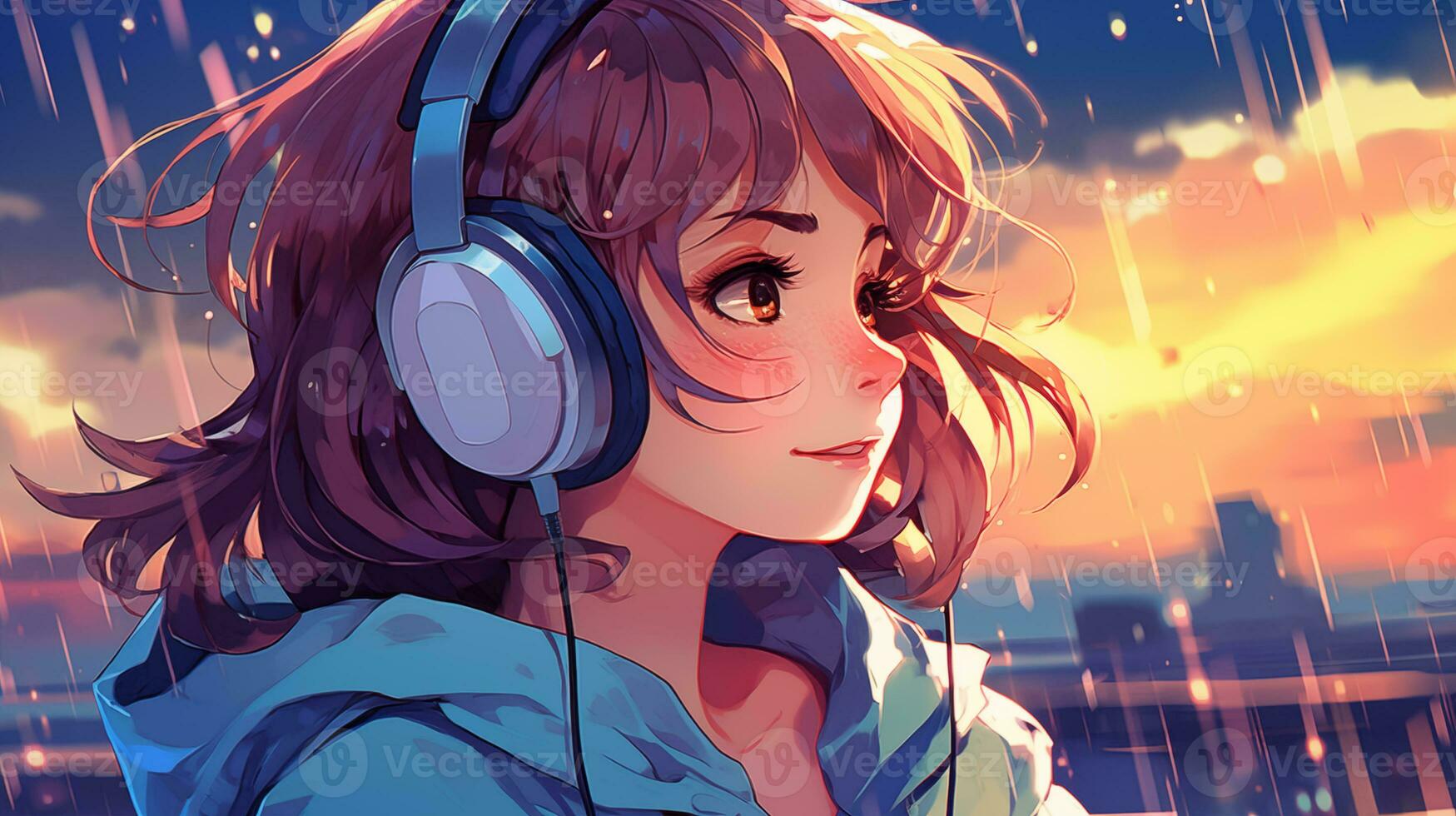 dibujos animados lofi joven manga estilo niña mientras escuchando a música en el lluvia ai generativo foto