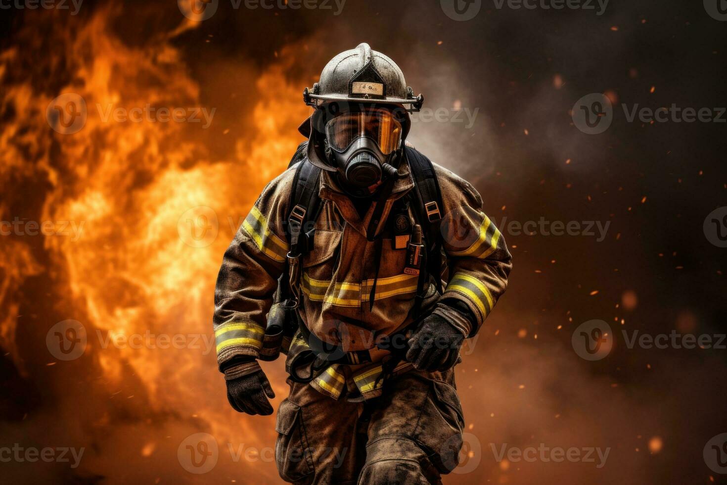firefighter using water and extinguisher to fighting with fire flame in an emergency, Generative AI photo