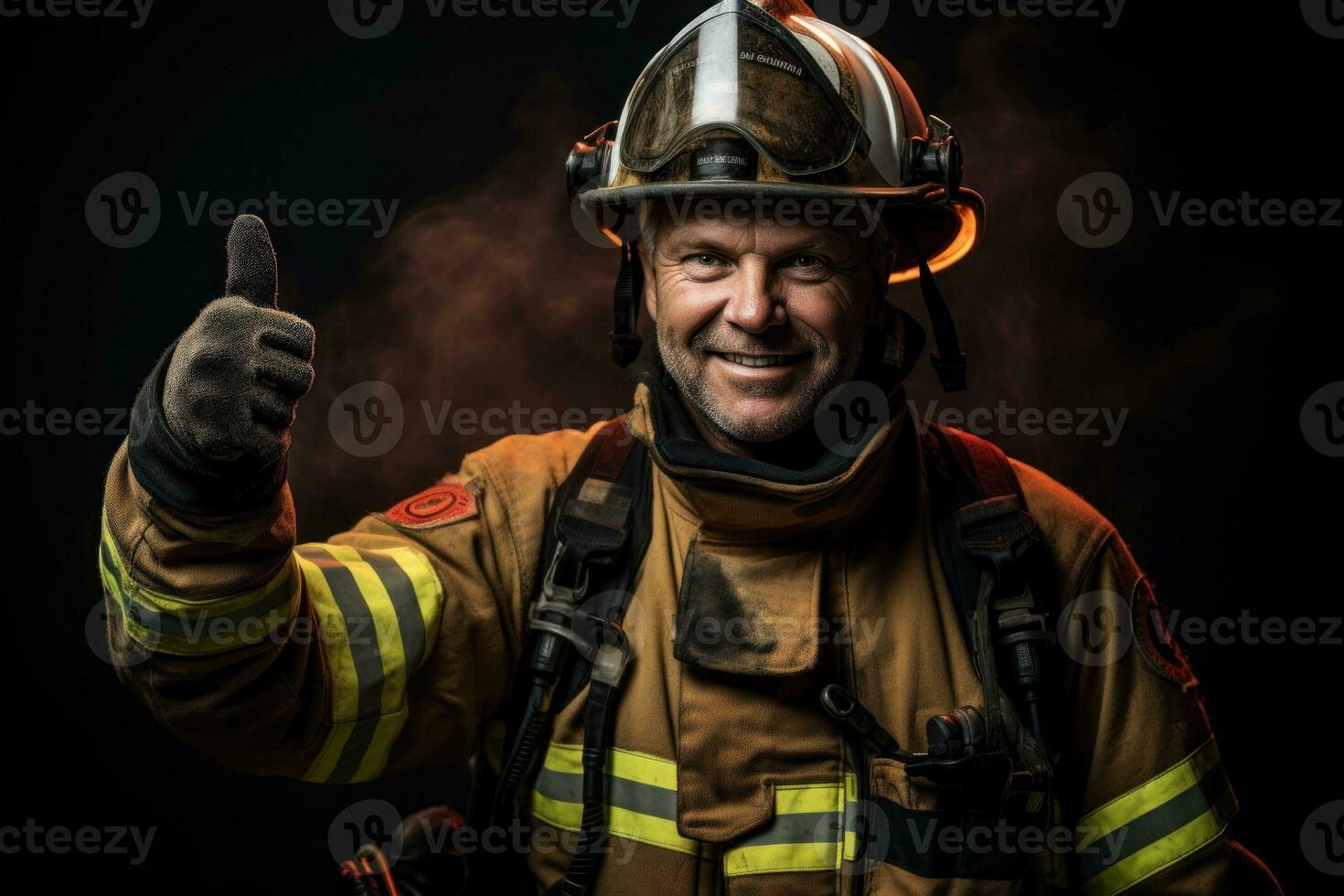 fire fighter showing OK approve or like signal with thumb raise up, generative Ai photo
