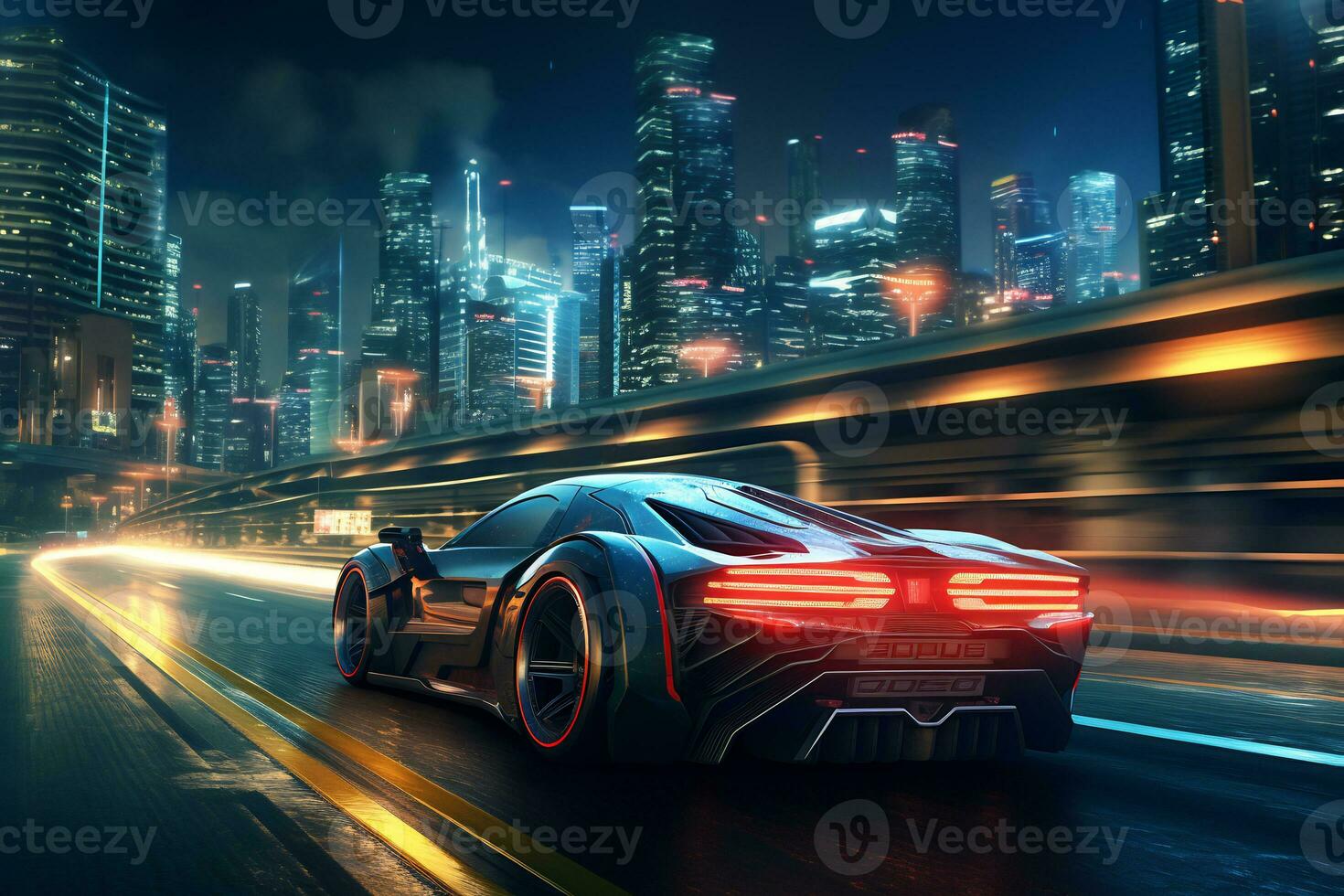 Future cars in a cyberpunk city with sparkling neon lights AI generative photo