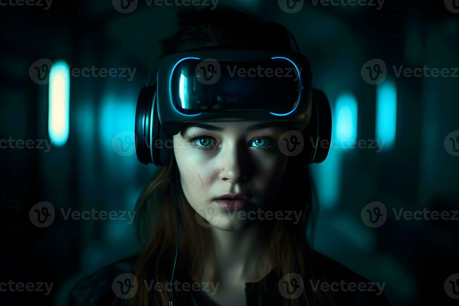 Girl with virtual reality glasses. Neural network AI generated photo