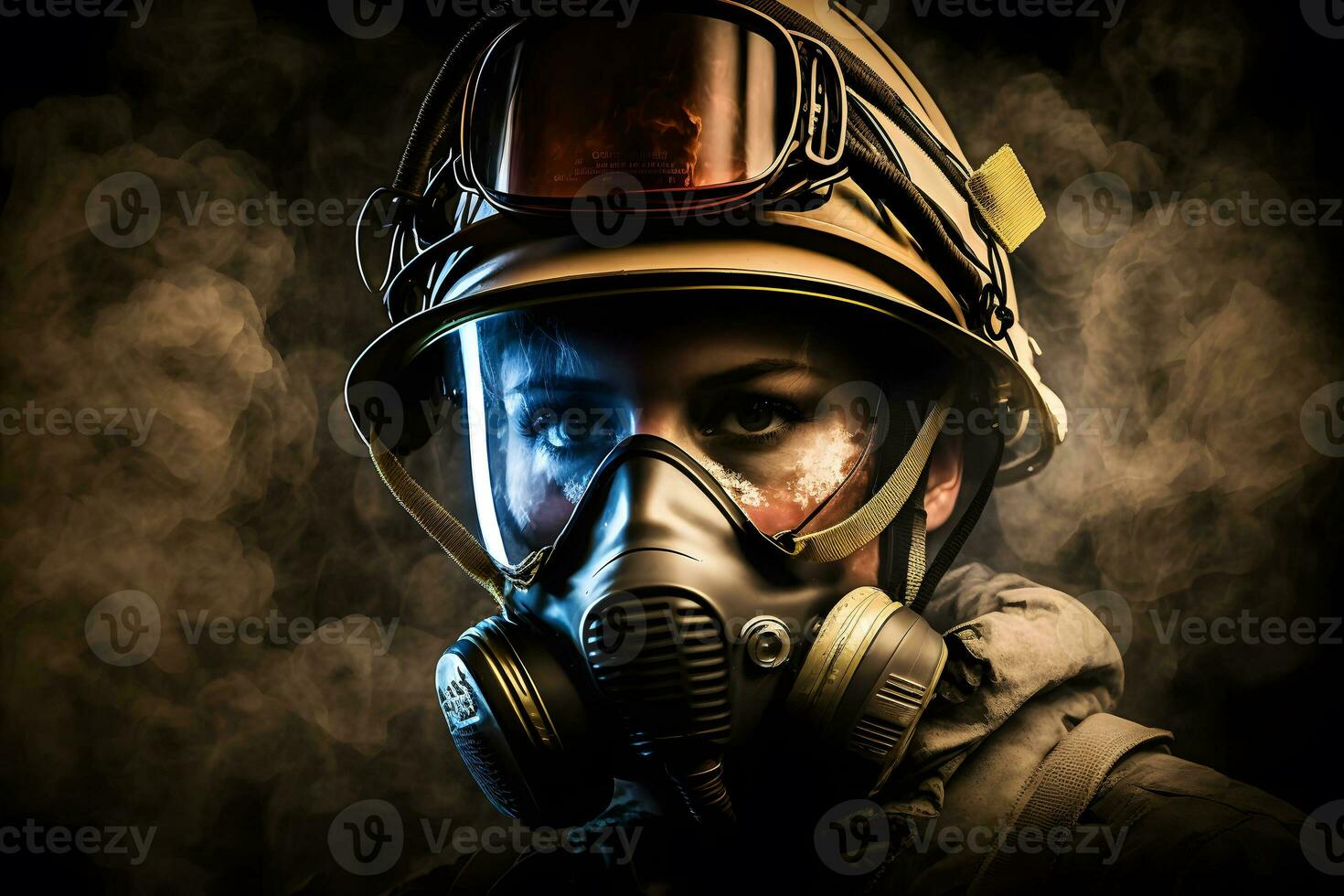 cerca arriba retrato de cara bombero vistiendo protector uniforme y un protector mascarilla. neural red ai generado foto