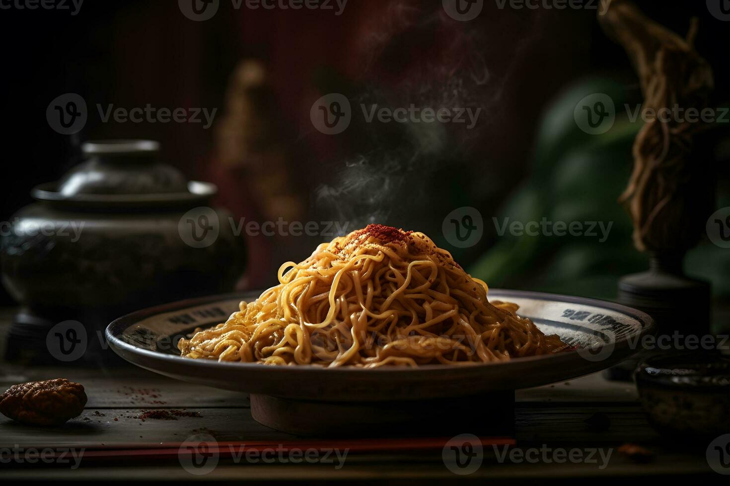 Black bowl with chinese noodles Jiangsu cuisine. Neural network AI generated photo
