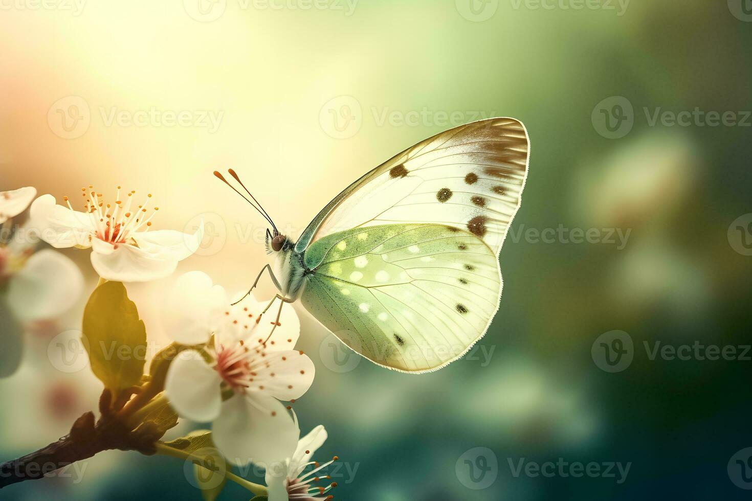 blossoming sakura. branch of blossoming sakura and bright blue morpho butterfly. Neural network AI generated photo