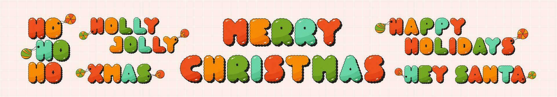 Merry Christmas groovy stickers with Noel phrases. vector