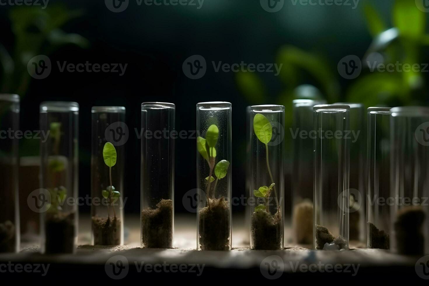 Green fresh plant in glass test tube in laboratory. Neural network AI generated photo