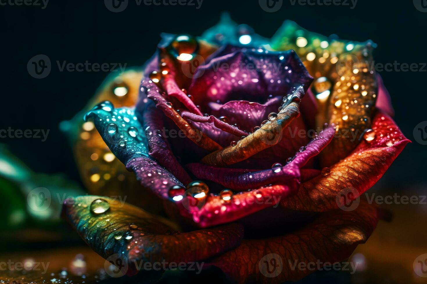 Rainbow rose with dew drops. Neural network AI generated photo