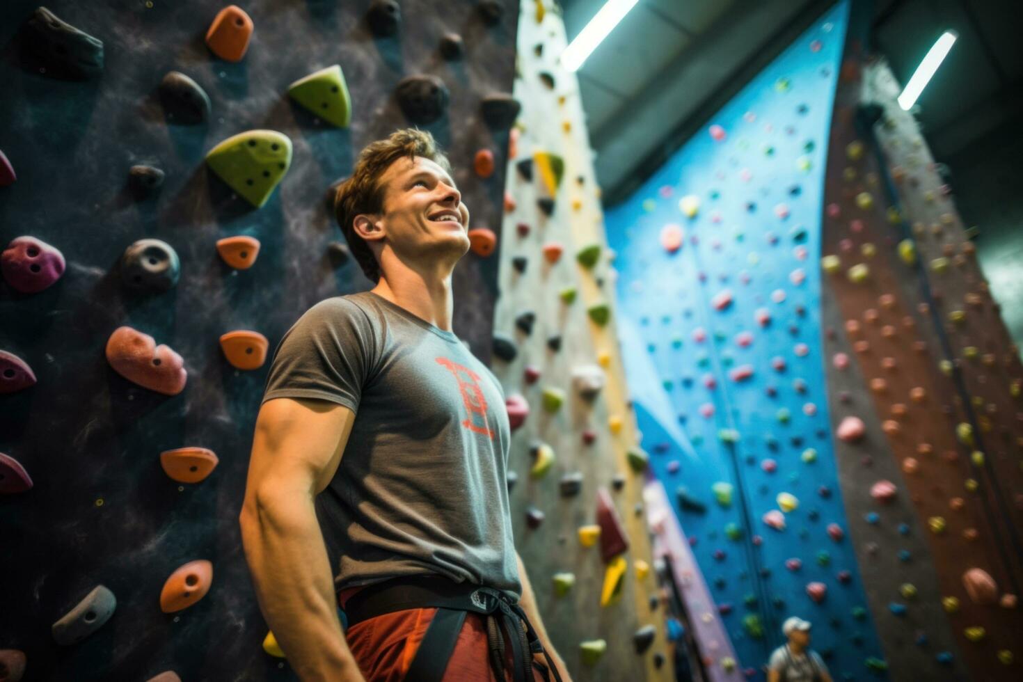 Rock climber person hanging on a bouldering climbing wall. Generative Ai photo