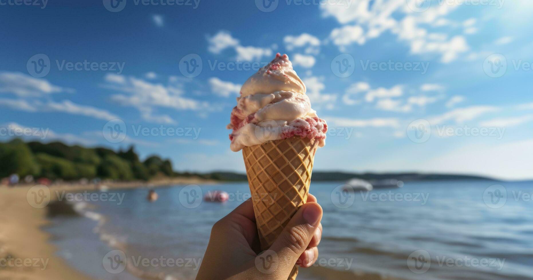 un verano playa experiencia - mano sostener derritiendo hielo crema cono a hermosa playa en verano con azul cielo. generativo ai foto