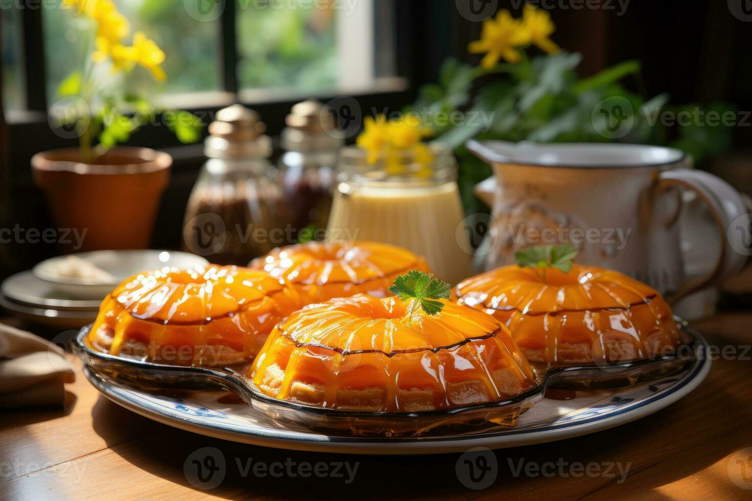 photos of tarts in indoor kitchen table photo studio AI Generated
