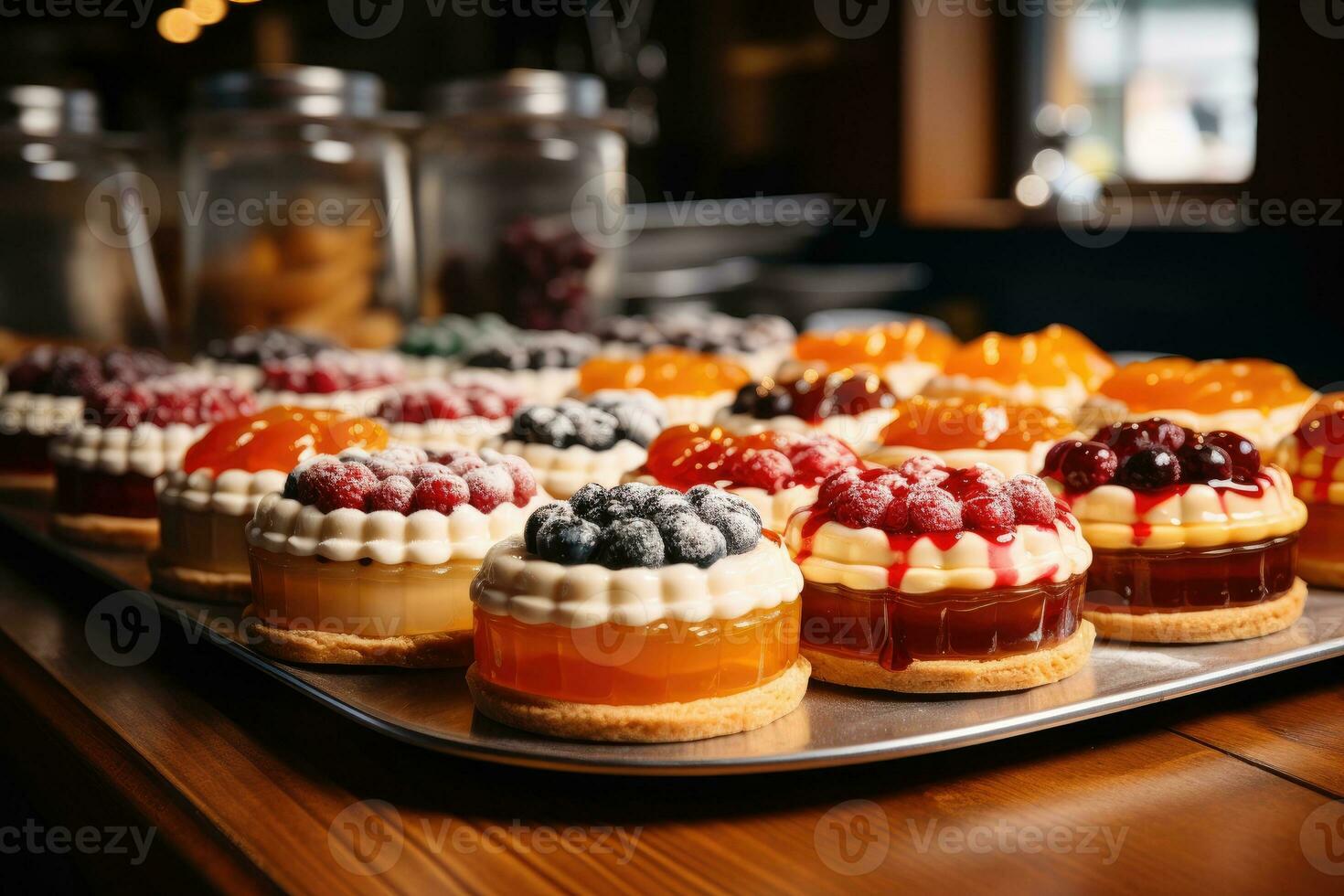 photos of tarts in indoor kitchen table photo studio AI Generated