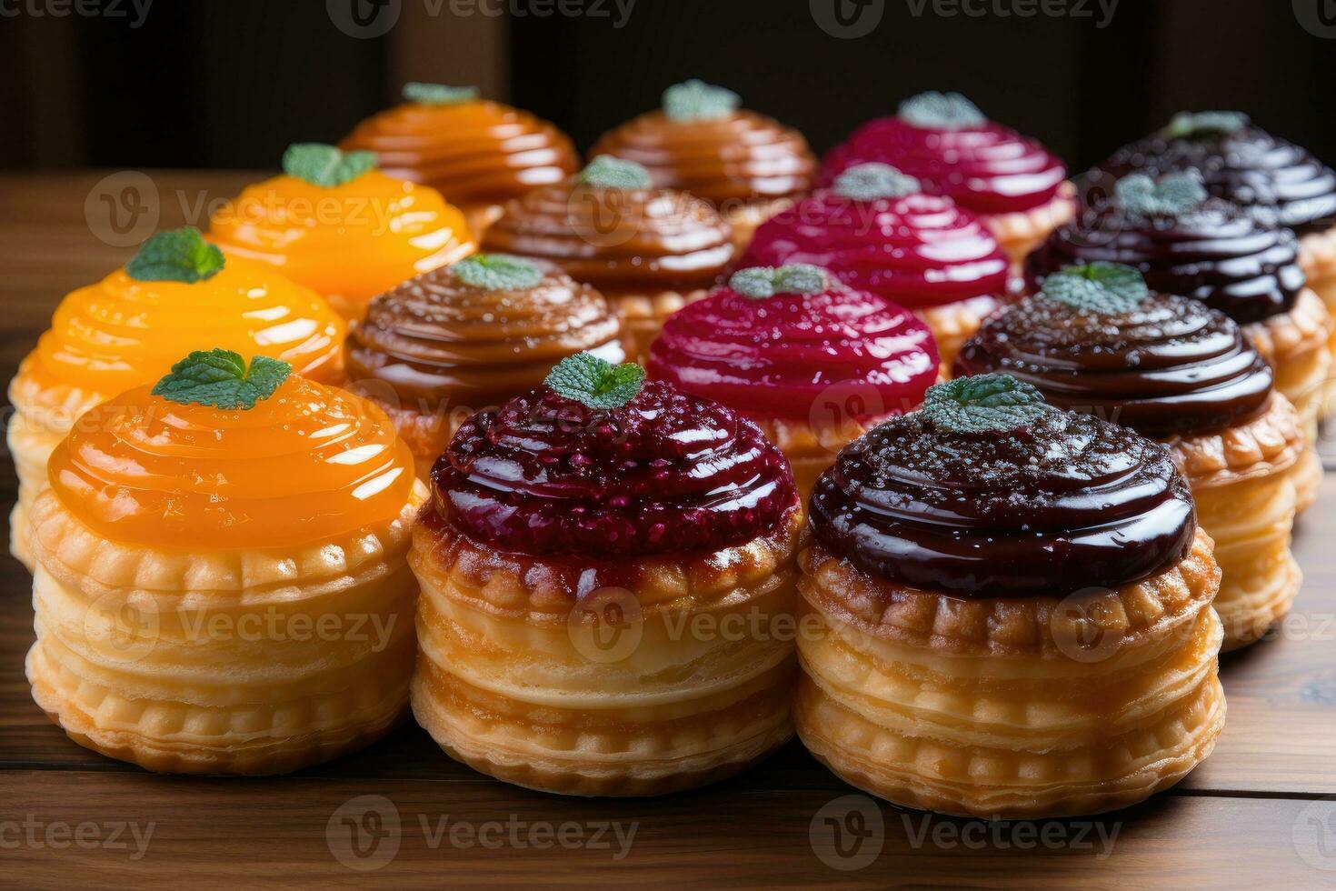 photos of tarts in indoor kitchen table photo studio AI Generated