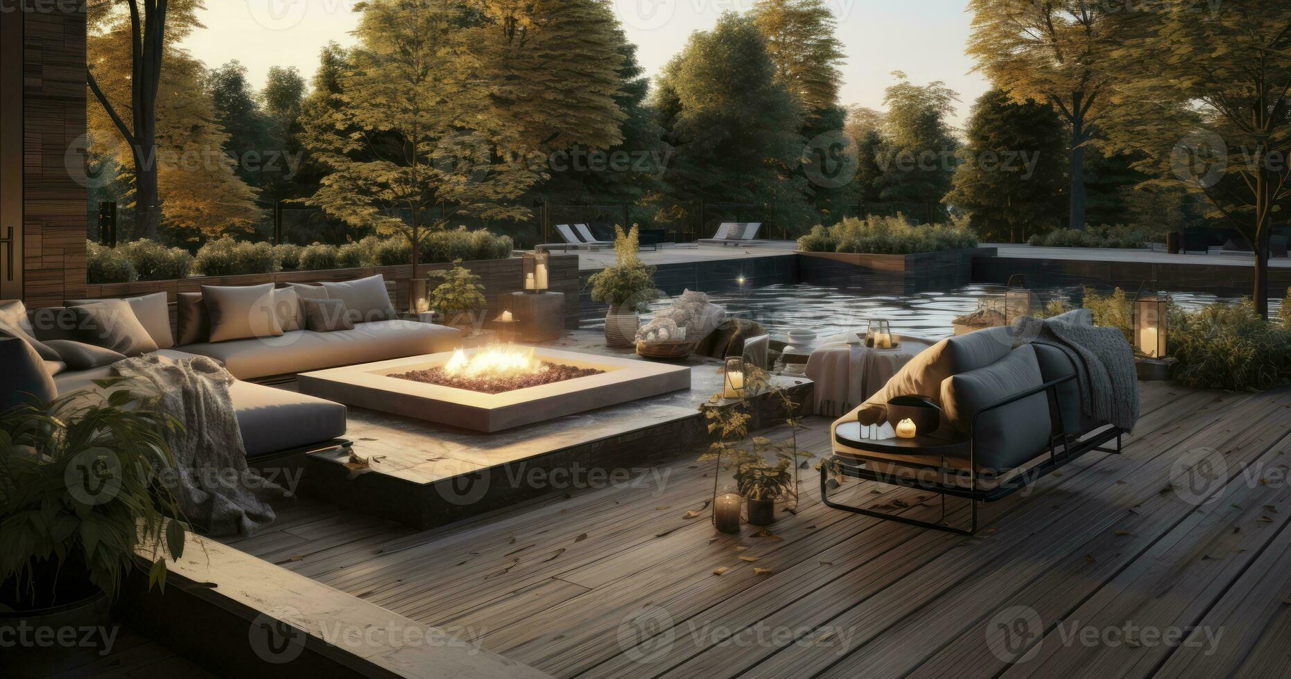 Backyard Bliss - A stylish and inviting outdoor living space with a natural wood deck, a rattan sectional, and a fire pit surrounded by slate tile. Generative AI photo