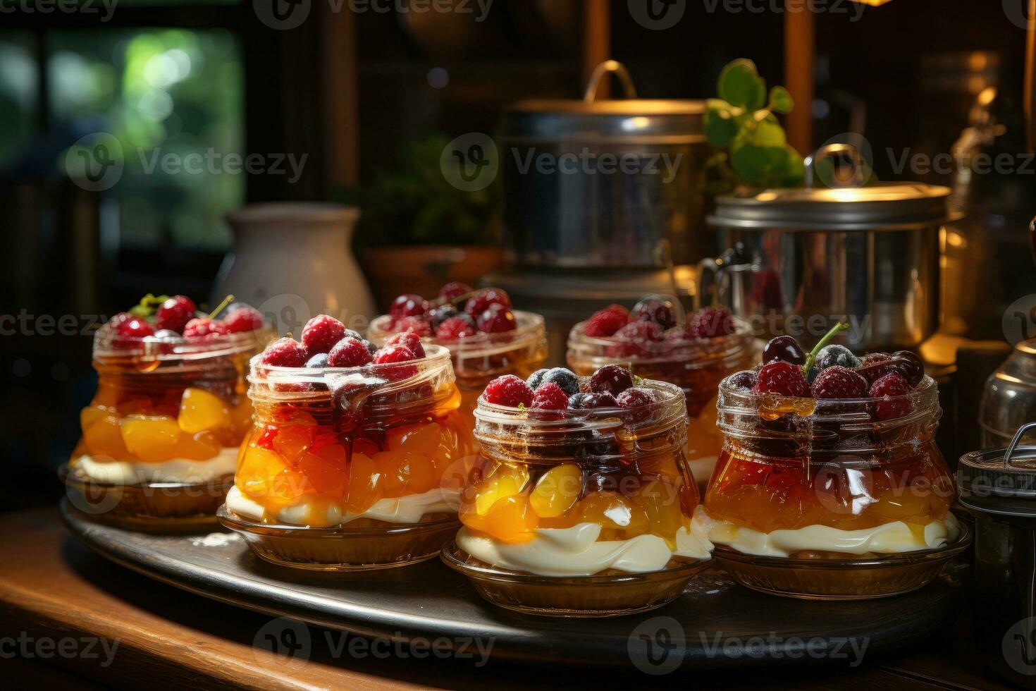 photos of tarts in indoor kitchen table photo studio AI Generated