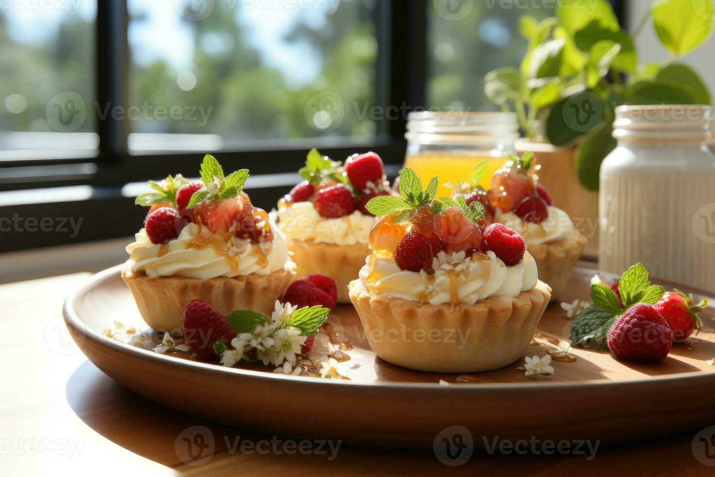 photos of tarts in indoor kitchen table photo studio AI Generated
