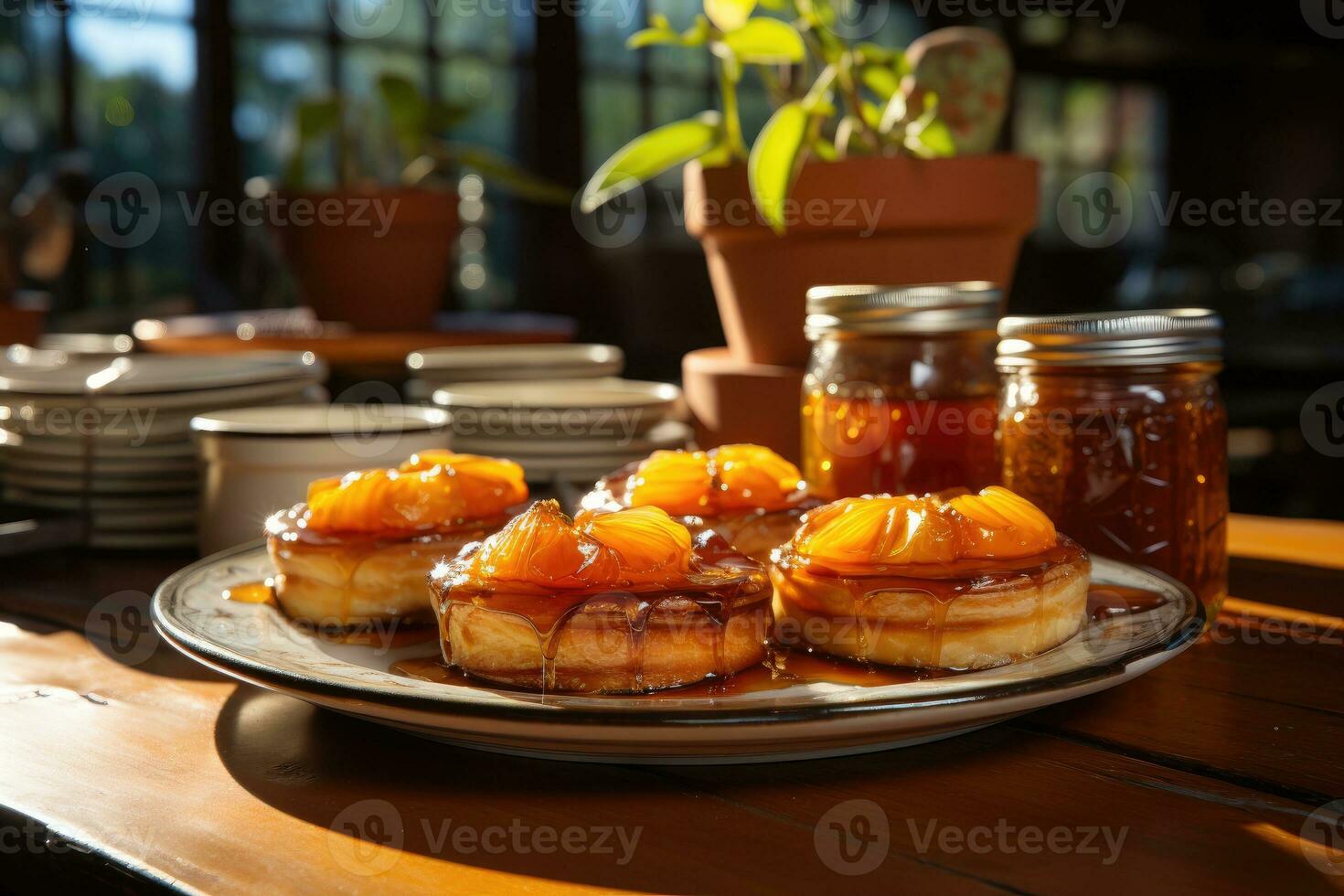 photos of tarts in indoor kitchen table photo studio AI Generated