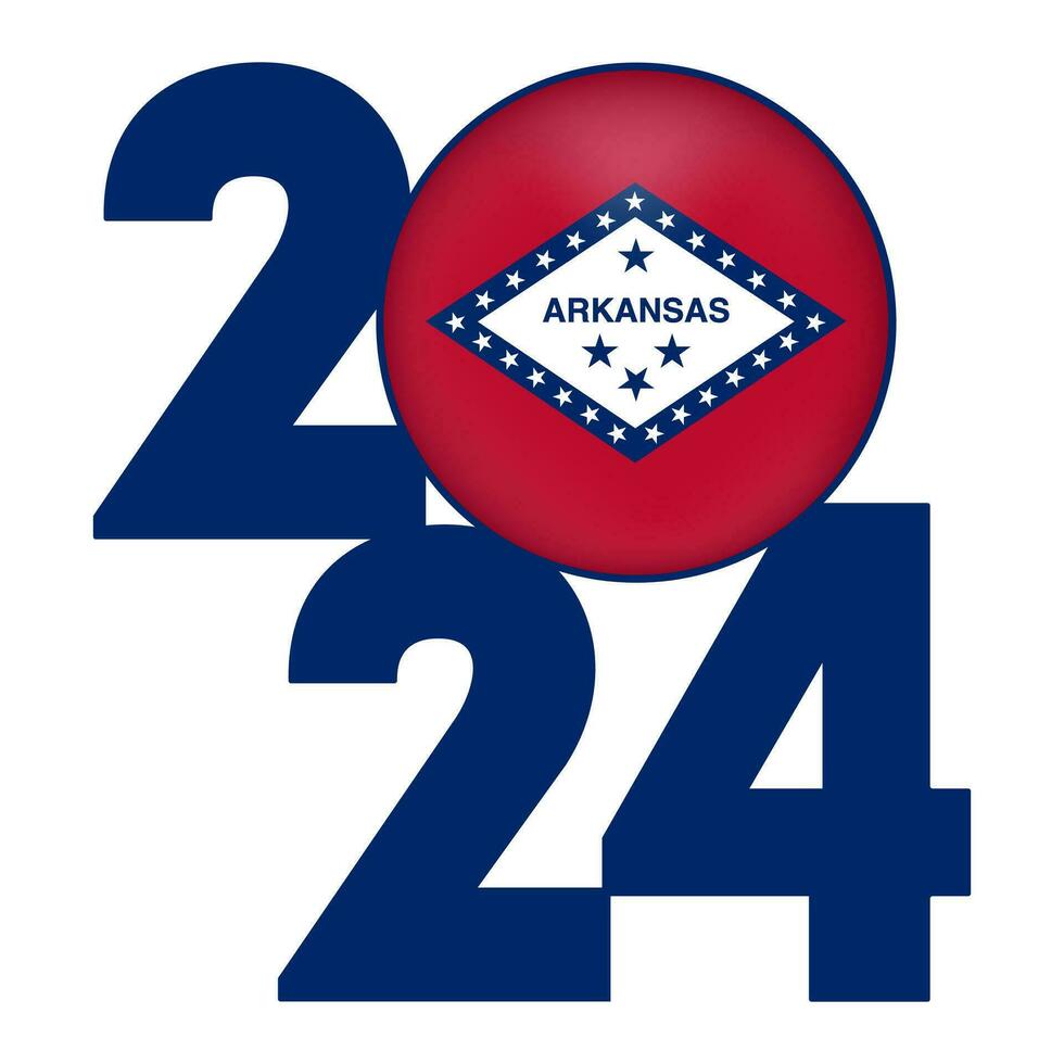2024 banner with Arkansas state flag inside. Vector illustration.