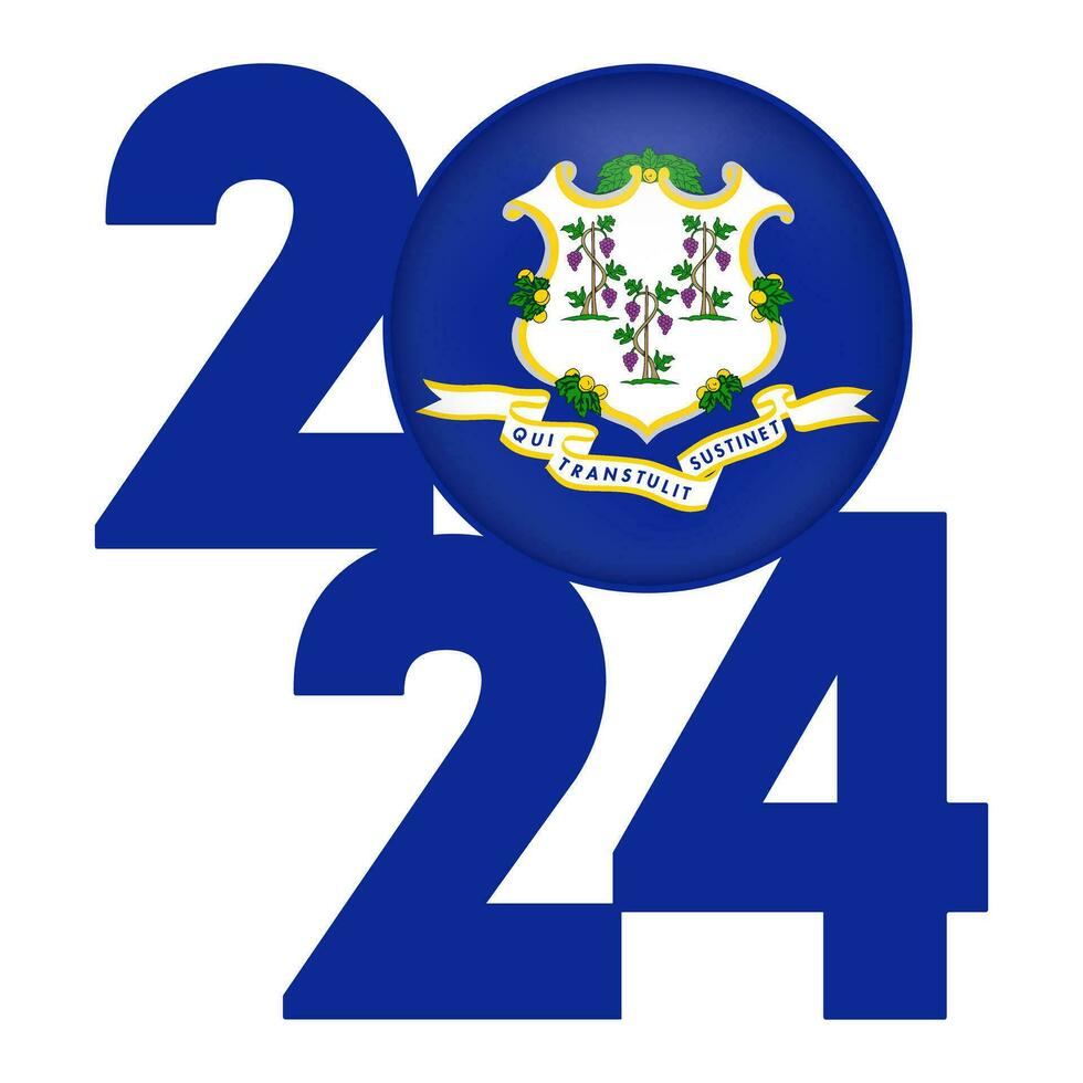 2024 banner with Connecticut state flag inside. Vector illustration.