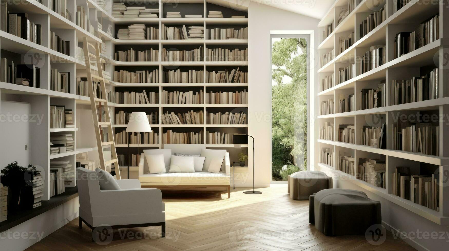 moderno biblioteca interior con estante para libros, estante para libros y  ciudad ver puesta de sol ai generado 30490838 Foto de stock en Vecteezy