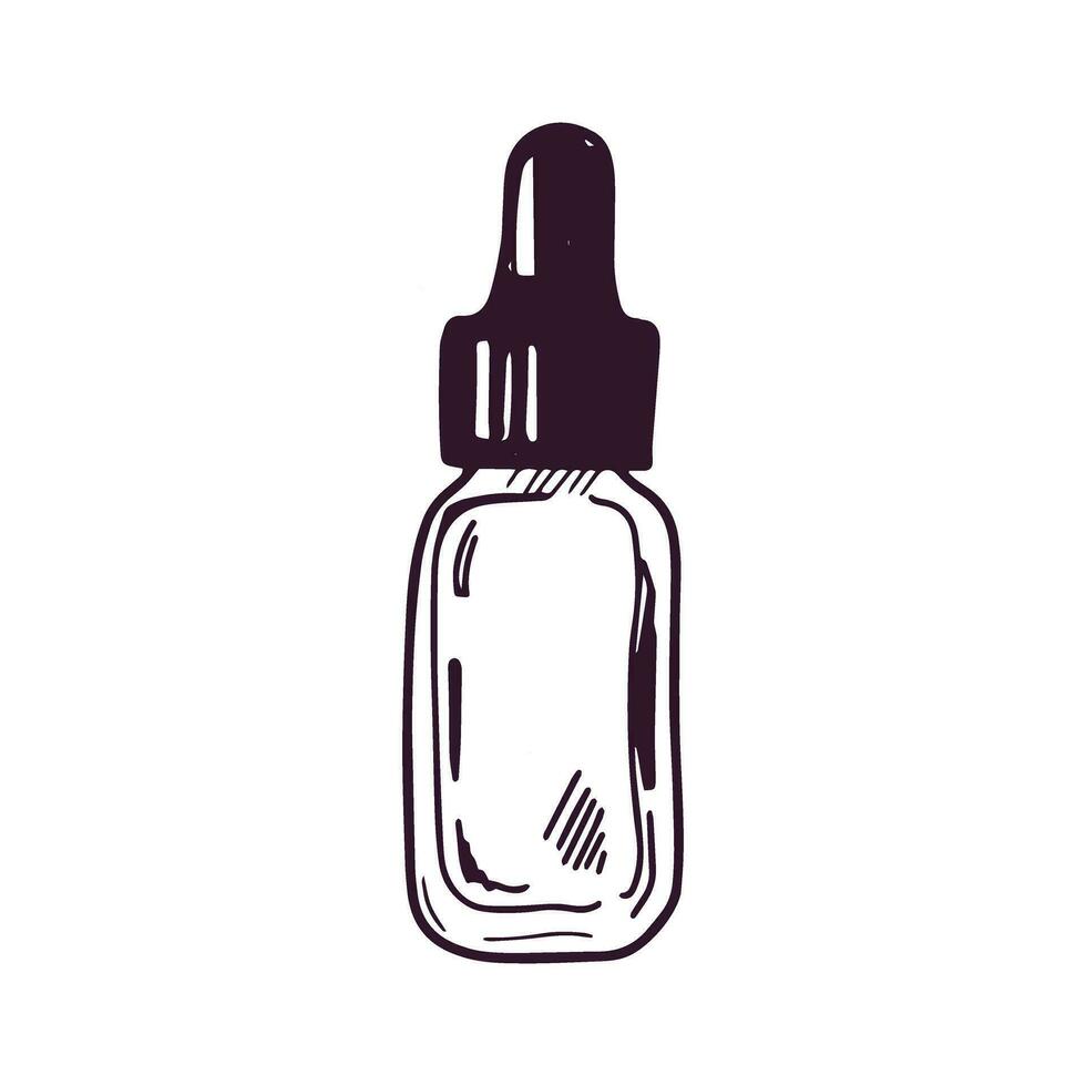 Hand-drawn serum bottle with pipette, beauty cosmetic element, self care. Illustration for beauty salon, cosmetic store, makeup design. Doodle sketch style. vector