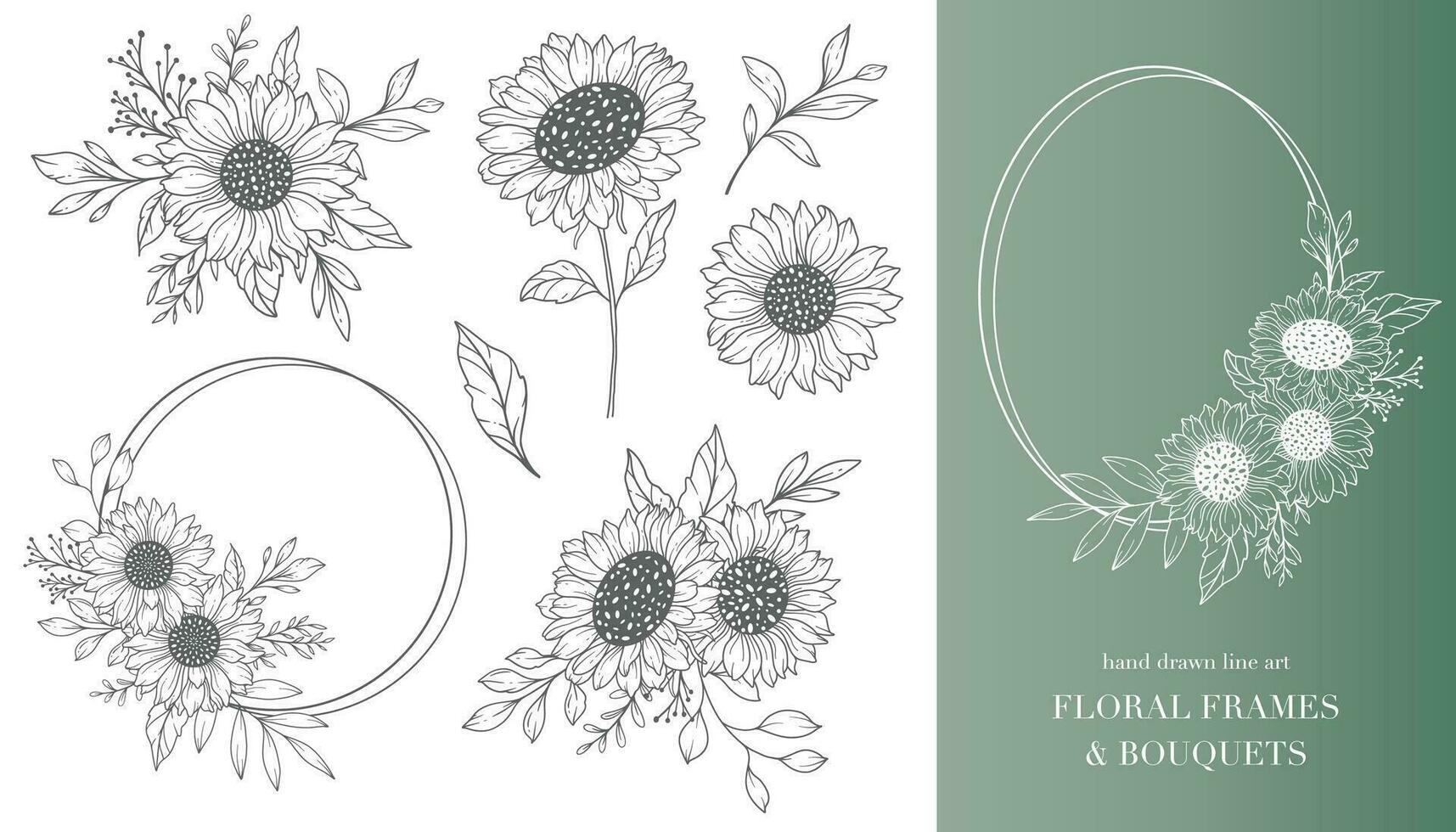 Sunflowers Line Art, Sunflower Frames. Floral Frames and Bouquets Line Art. Fine Line Sunflower Bouquets Hand Drawn Illustration. Coloring Page with SunFlowers. vector