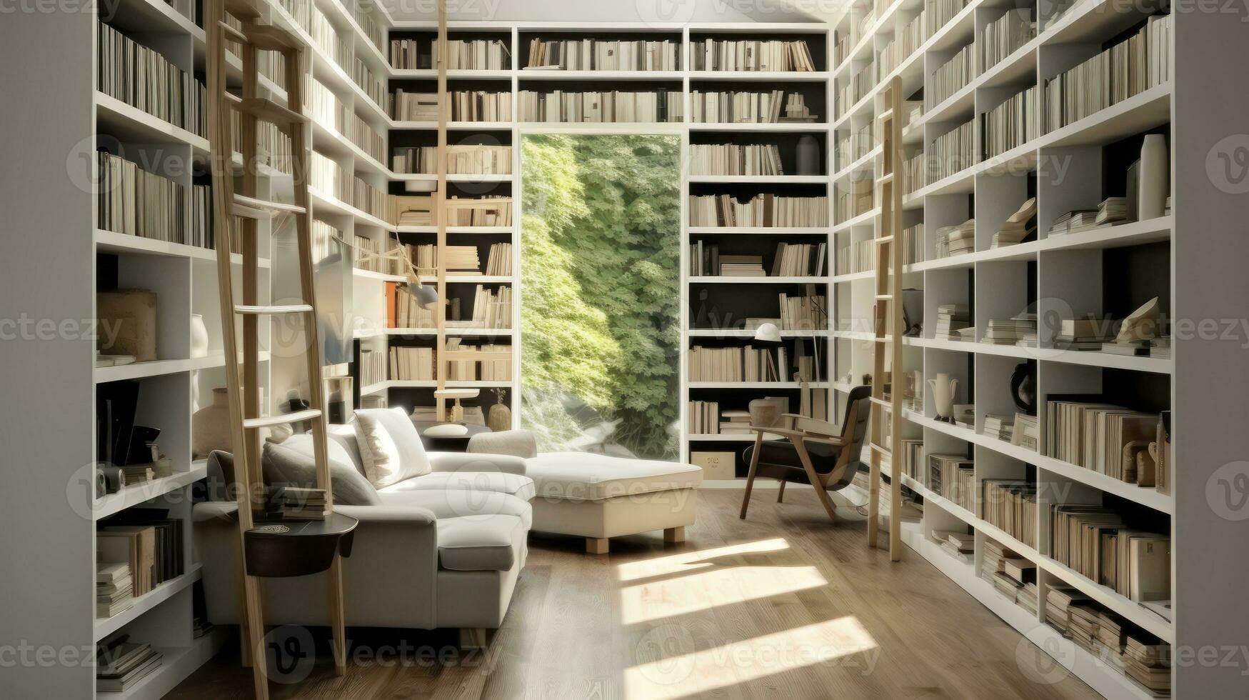 The Reader's Retreat - Reading place with wooden floor, bookshelves, white wall. Generative AI photo