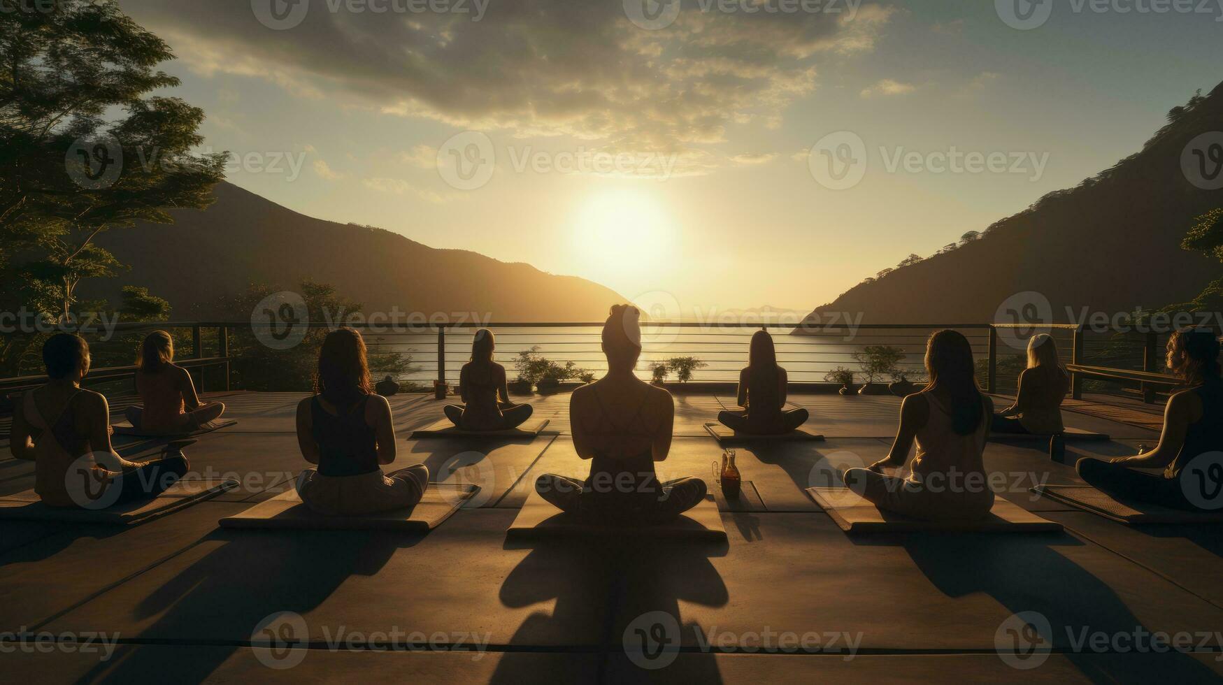 Yoga Amidst Nature's Expanse. Balancing body and spirit in peaceful retreats. Generative AI photo
