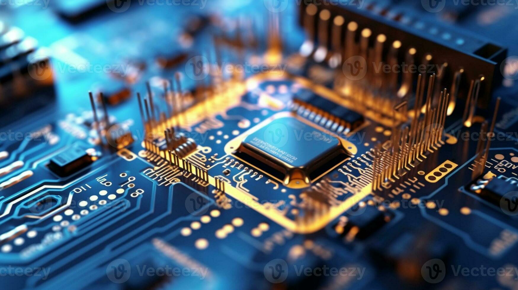 AI Generative. Close-up exploration of computer chip circuitry photo