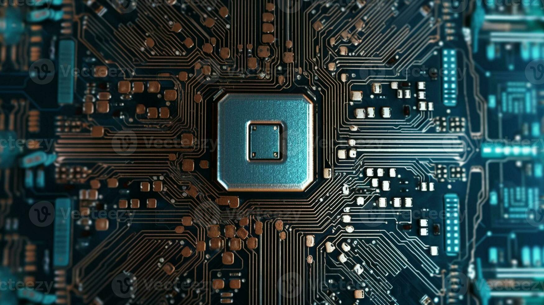 AI Generative. Close-up exploration of computer chip circuitry photo