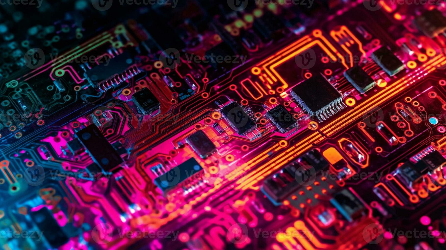 AI Generative. Close-up exploration of computer chip circuitry photo