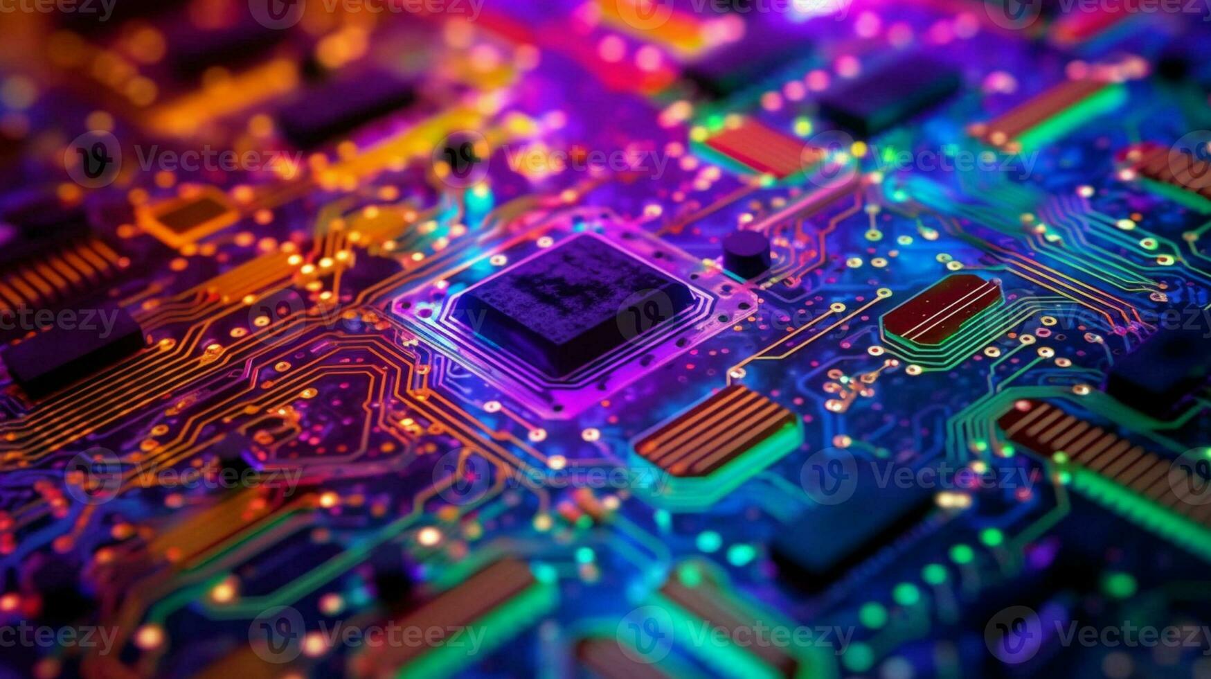 AI Generative. Close-up exploration of computer chip circuitry photo