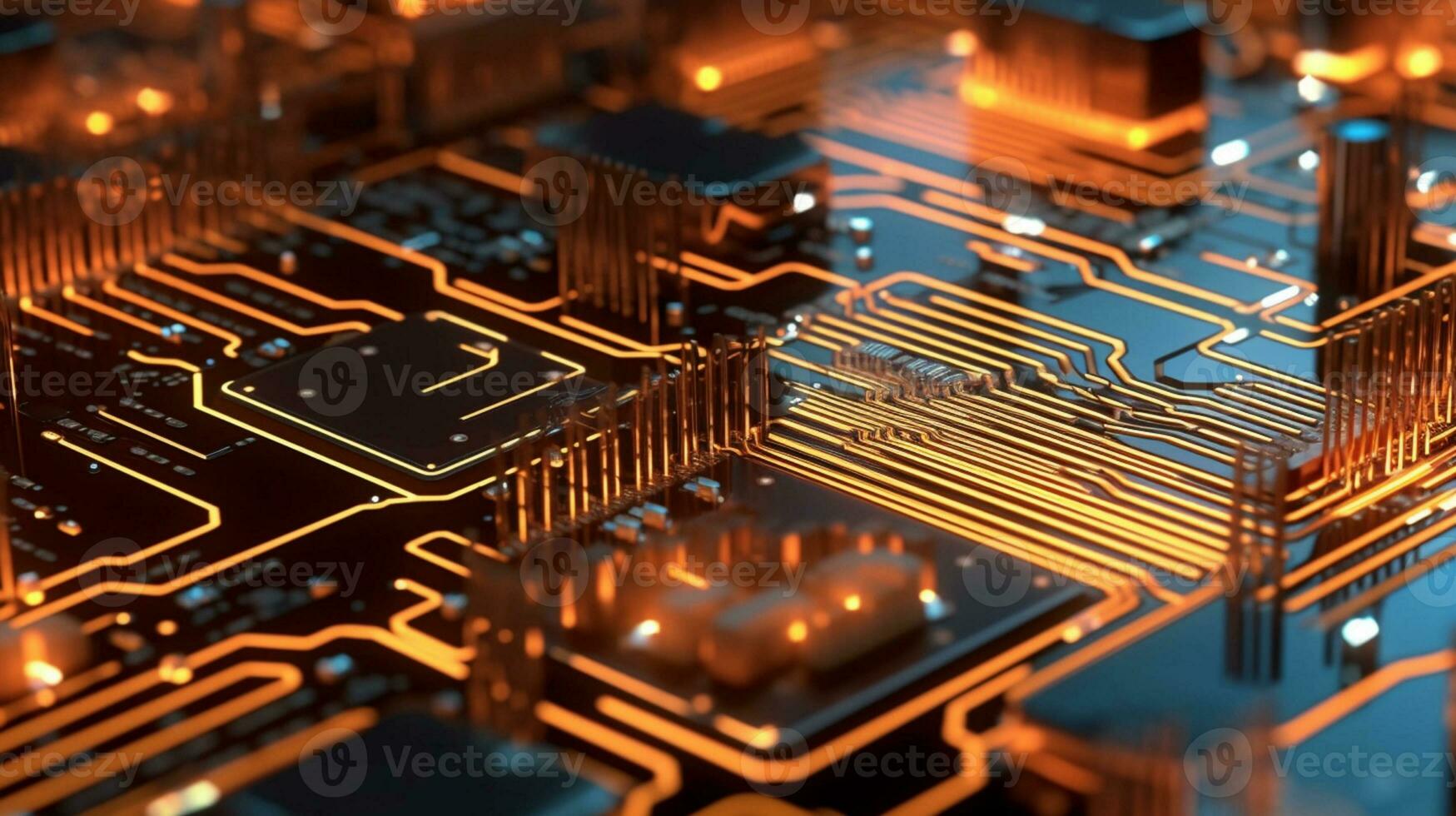 AI Generative. Close-up exploration of computer chip circuitry photo