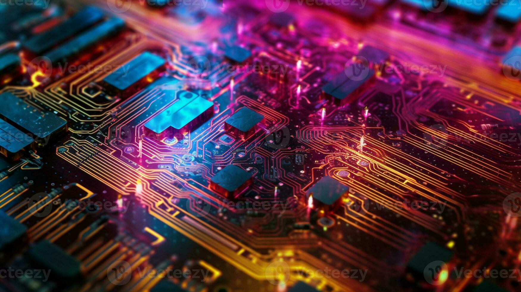 AI Generative. Close-up exploration of computer chip circuitry photo