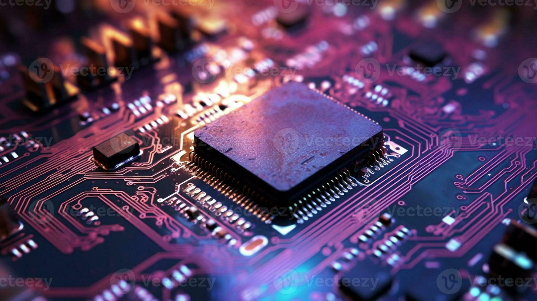 AI Generative. Close-up exploration of computer chip circuitry photo
