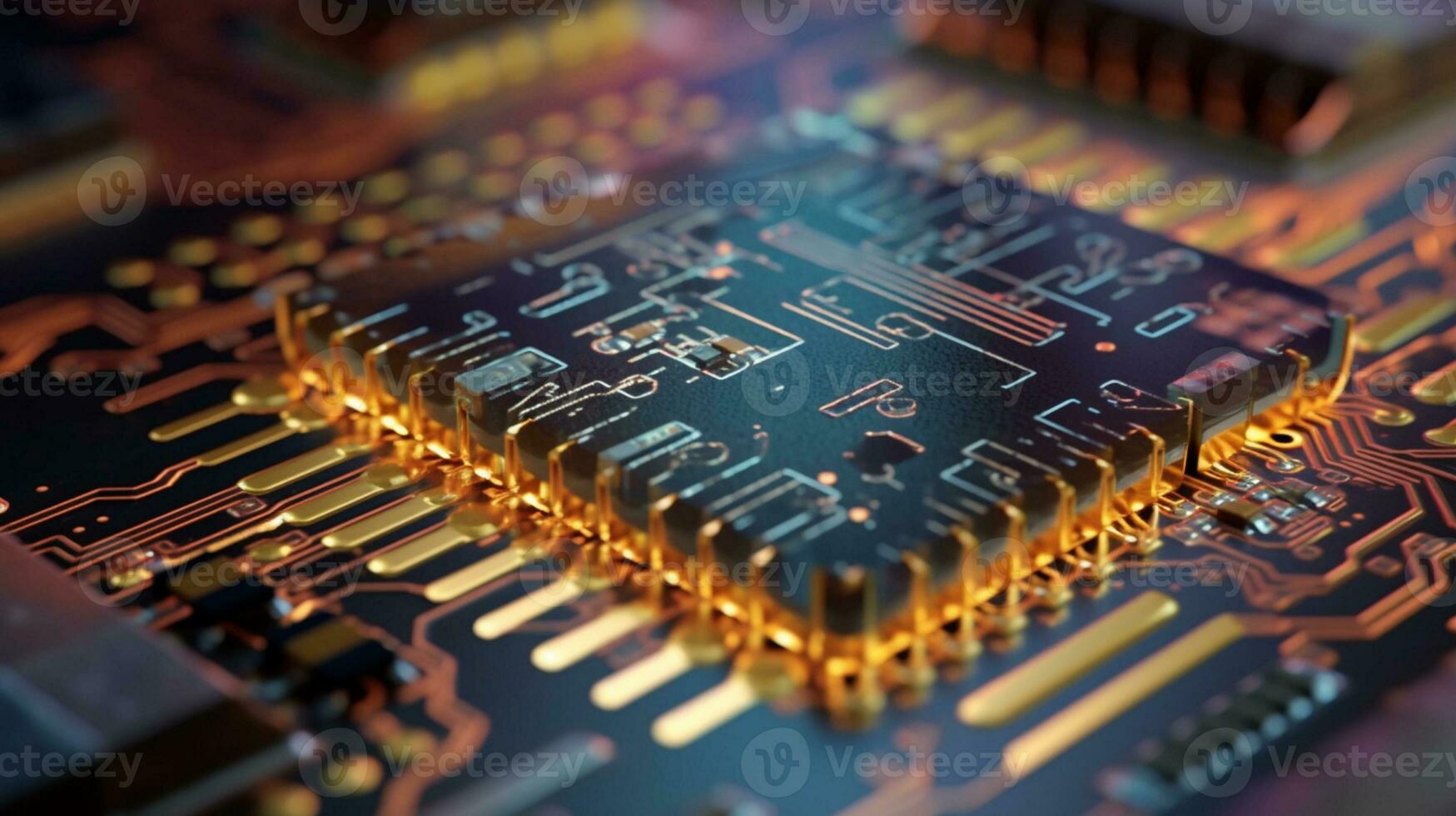 AI Generative. Close-up exploration of computer chip circuitry photo