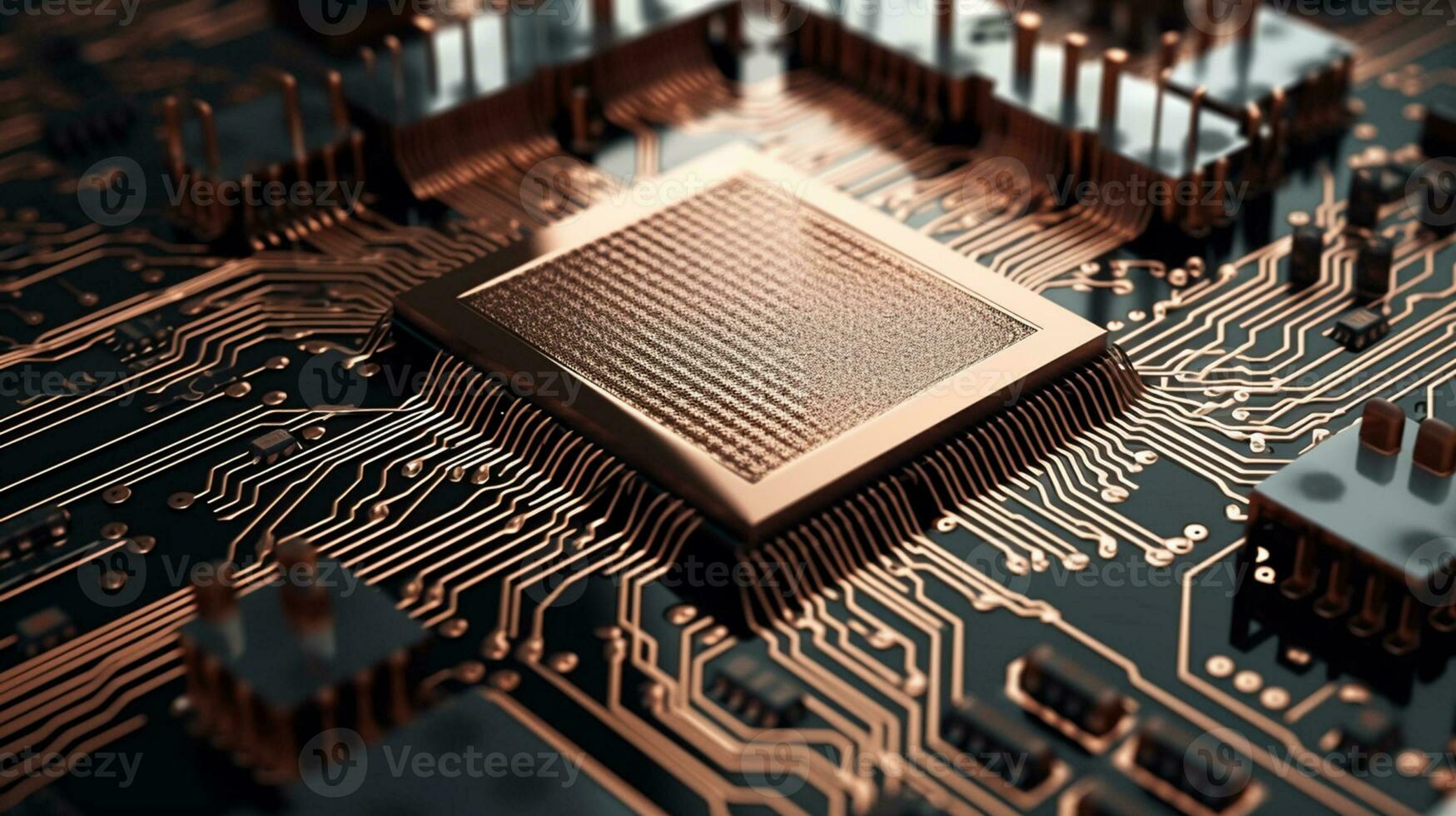 AI Generative. Close-up exploration of computer chip circuitry photo