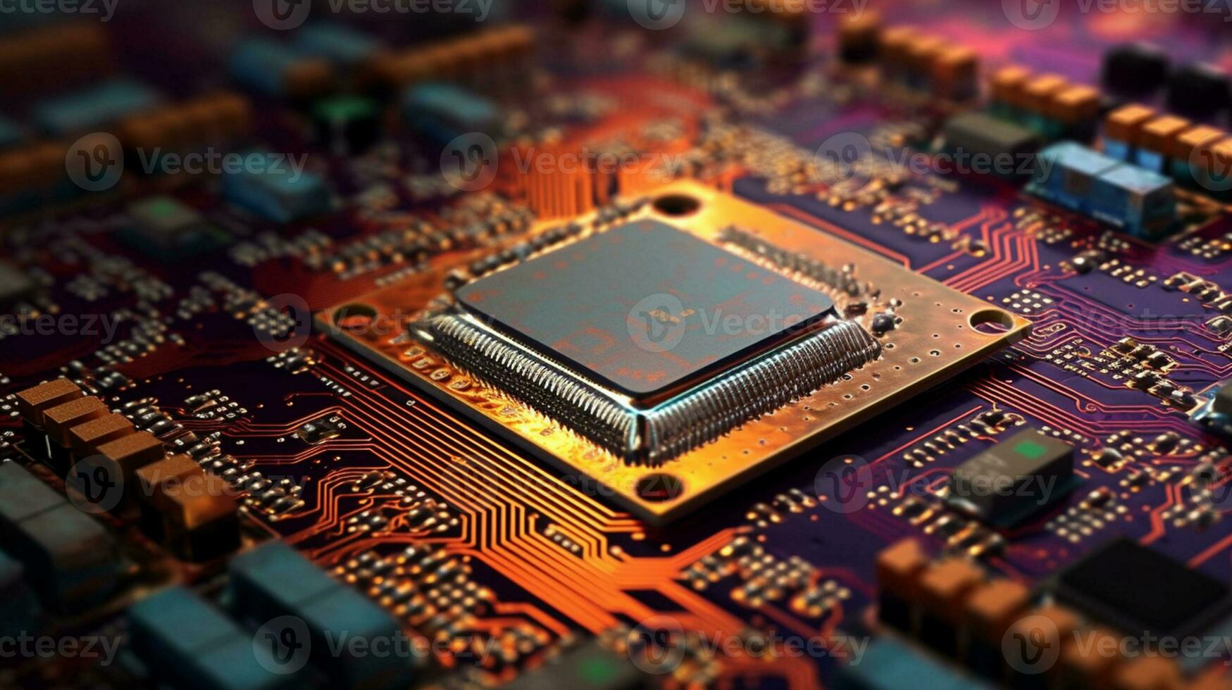 AI Generative. Close-up exploration of computer chip circuitry photo