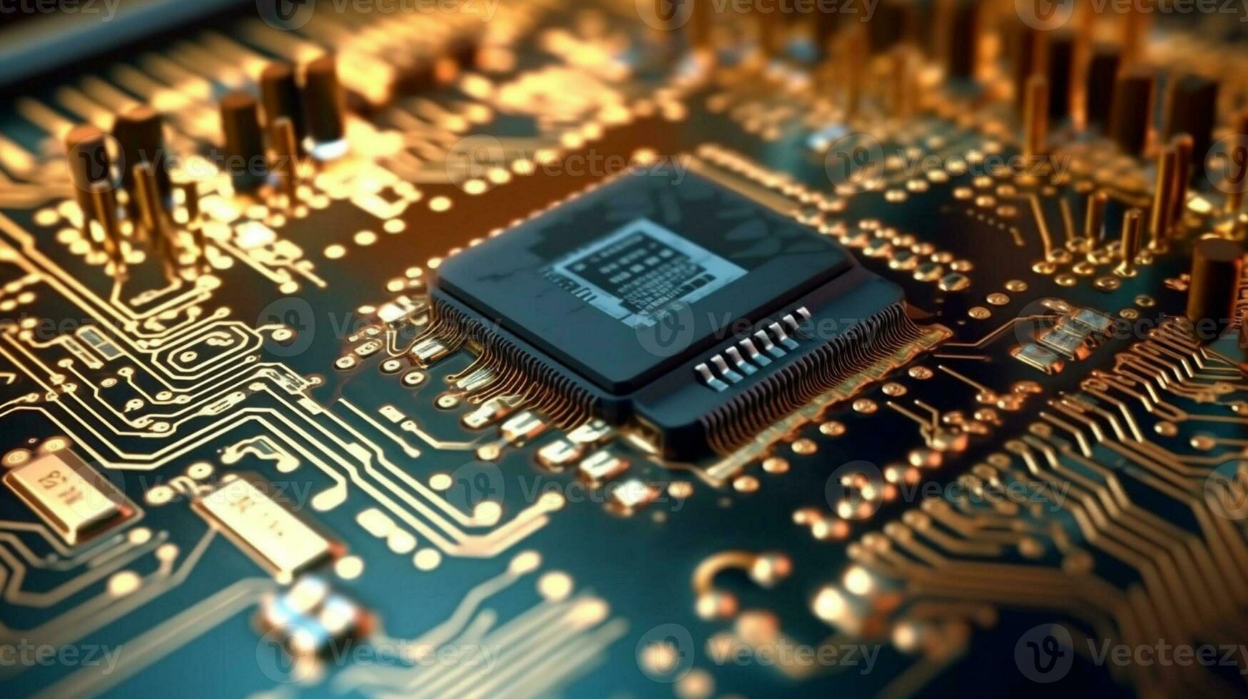 AI Generative. Close-up exploration of computer chip circuitry photo