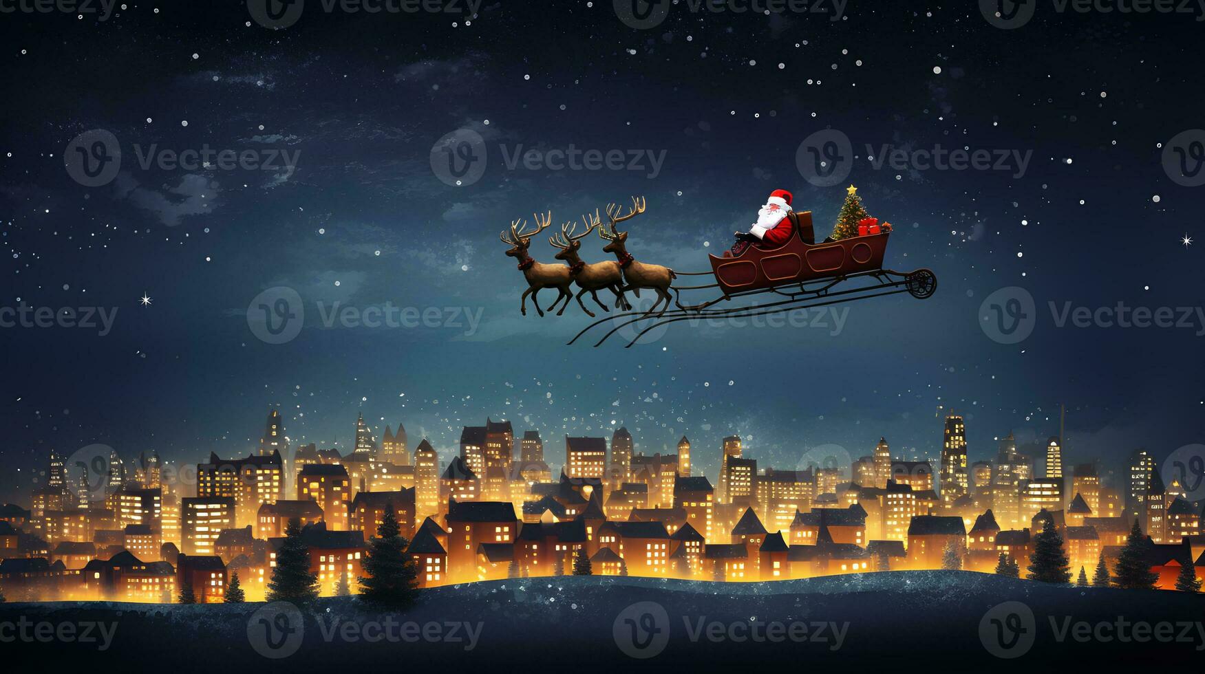 Santa Claus sitting on Reindeer sleigh. flying over a city skyline at night with stars in the background photo