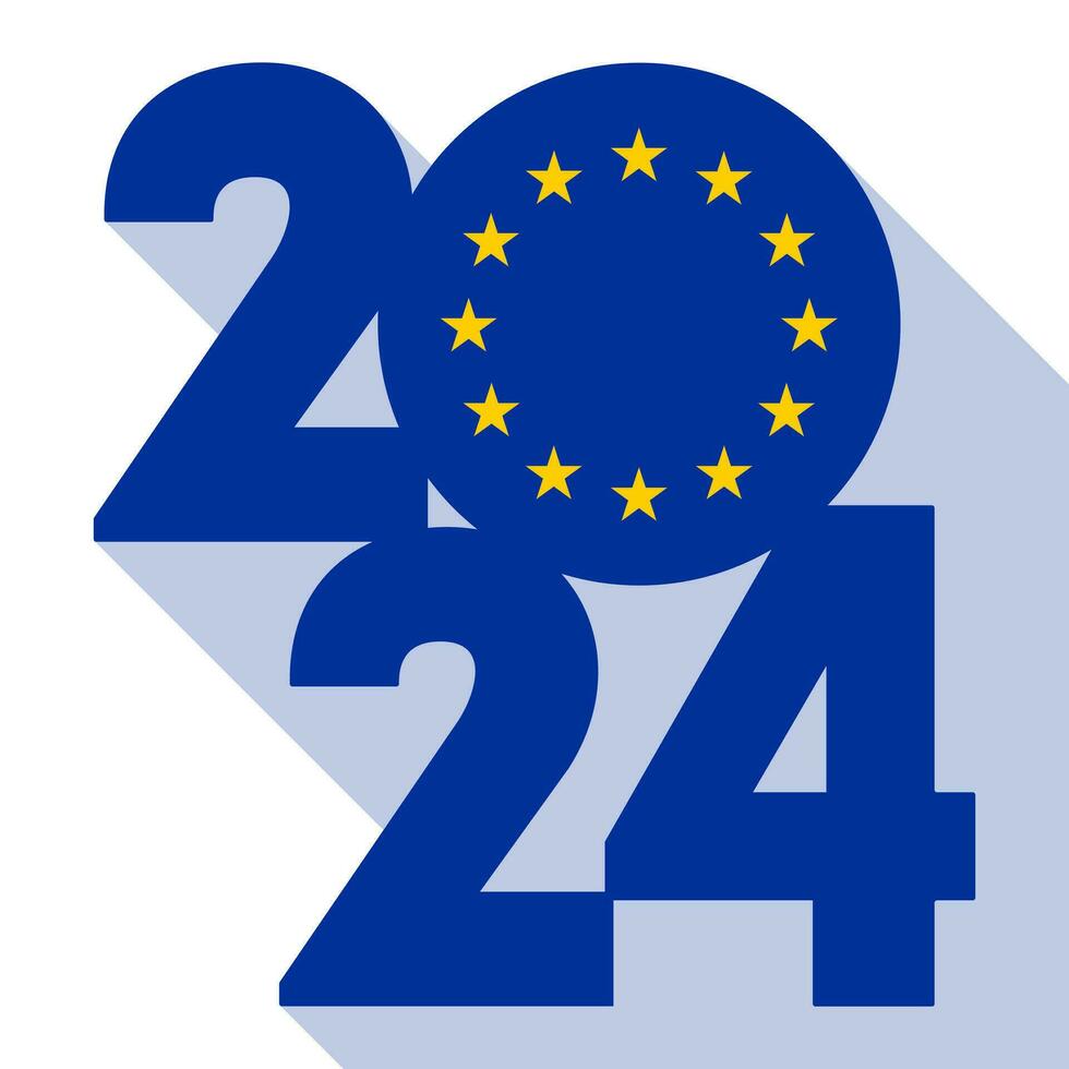 Happy New Year 2024 long shadow banner with European Union flag inside. Vector illustration.