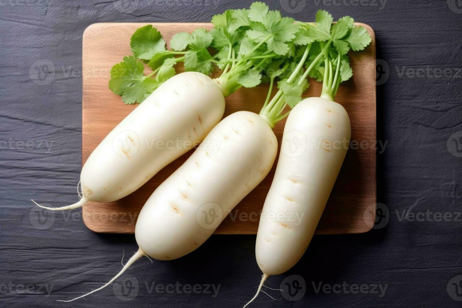 photos of long white radish ready to serve in indoor studio AI Generated