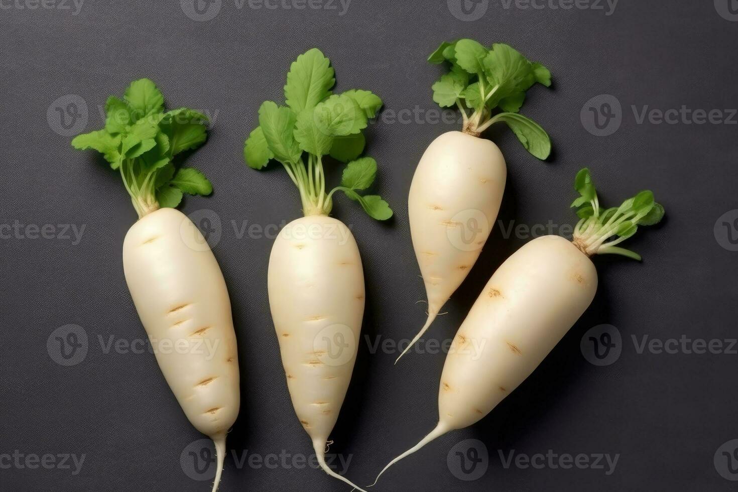 photos of long white radish ready to serve in indoor studio AI Generated