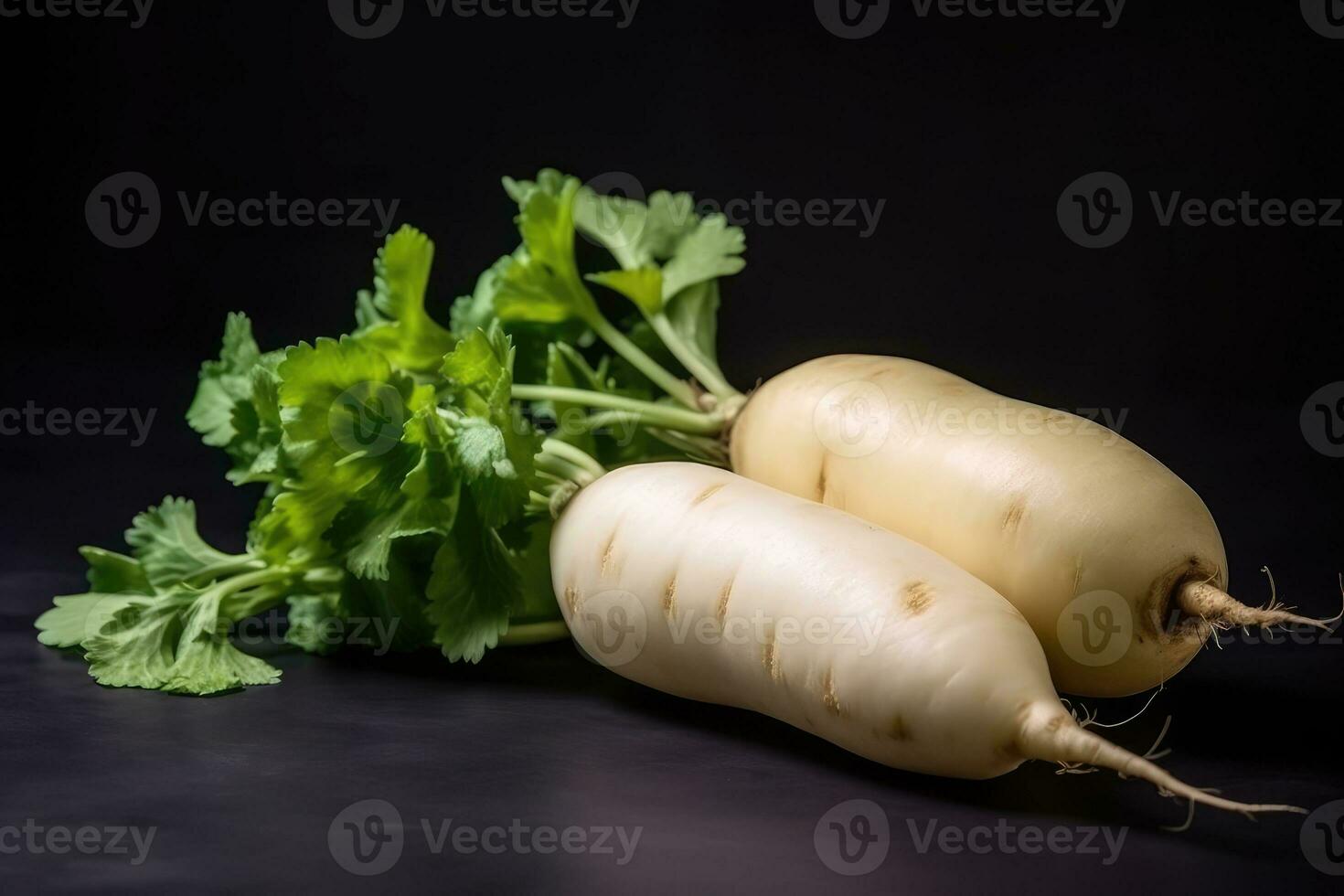 photos of long white radish ready to serve in indoor studio AI Generated