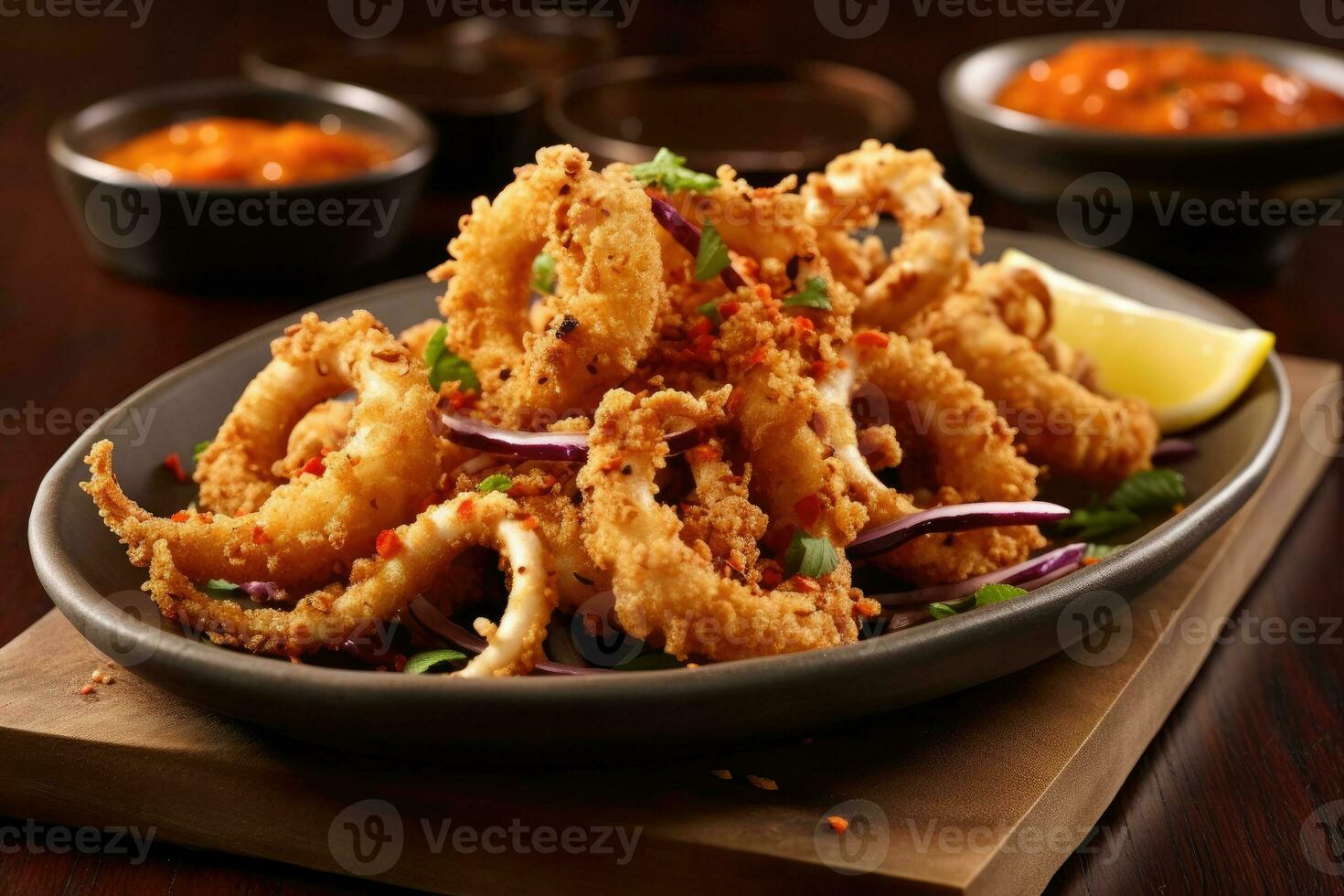 Fried calamari flour is ready to be served AI Generated photo