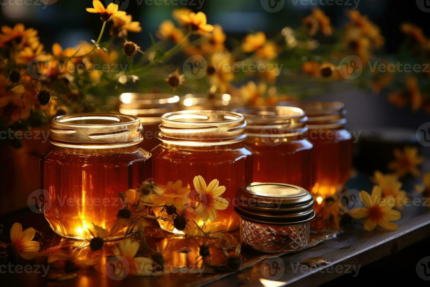 jar filled with honey on wooden table AI Generated photo