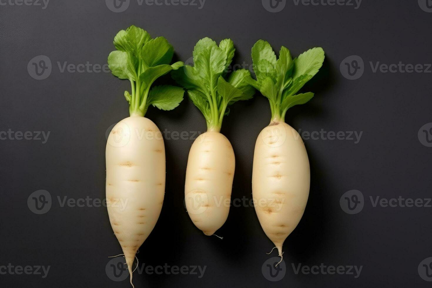 photos of long white radish ready to serve in indoor studio AI Generated