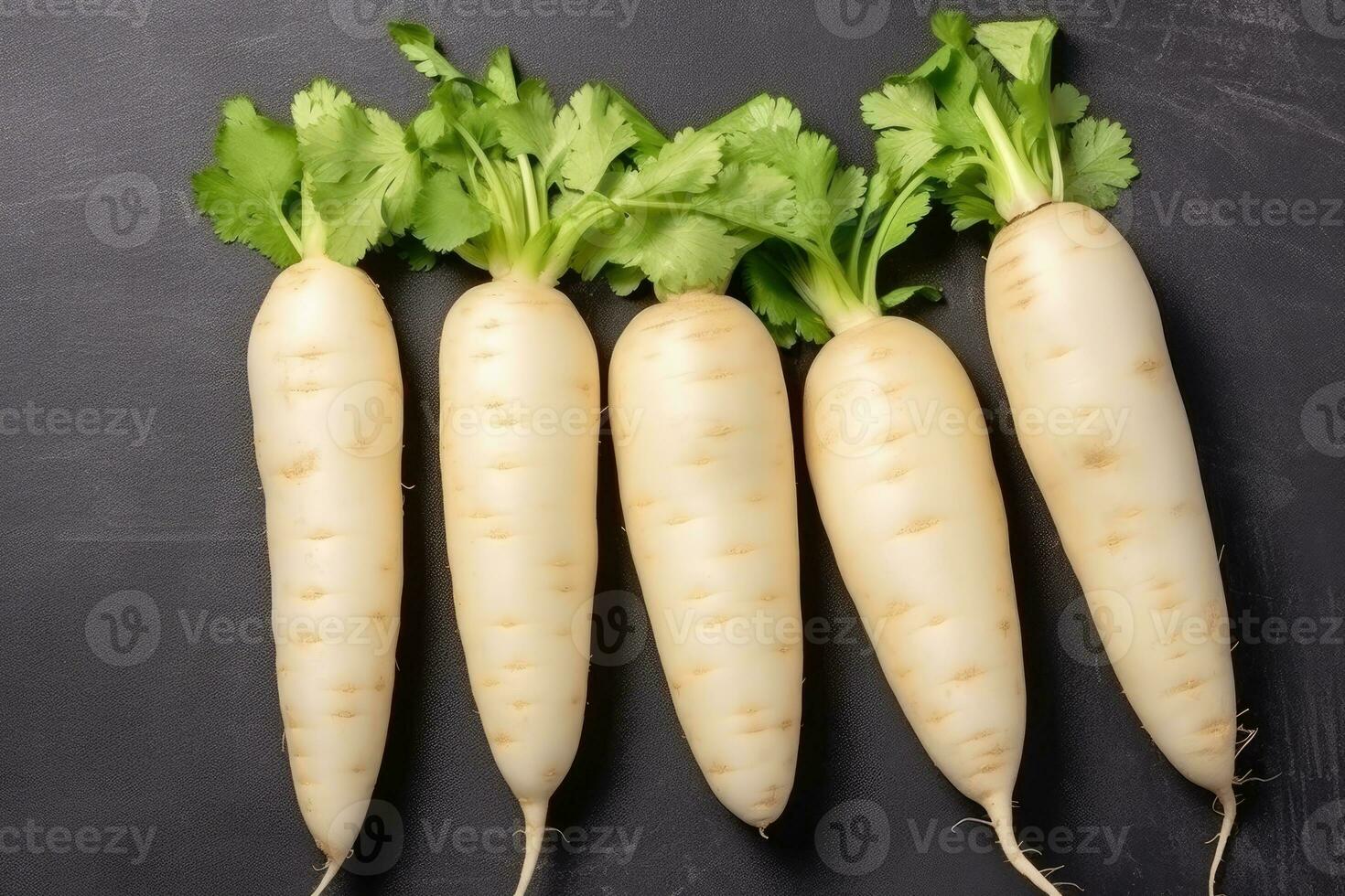 photos of long white radish ready to serve in indoor studio AI Generated